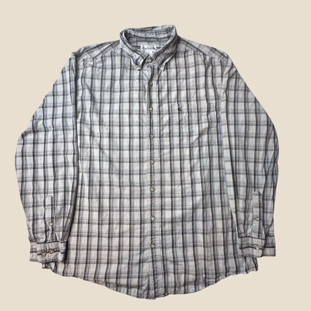 Carhartt Shirt Mens XL Tall S218 GYS Grey Plaid Button Down Long Sleeve Cotton